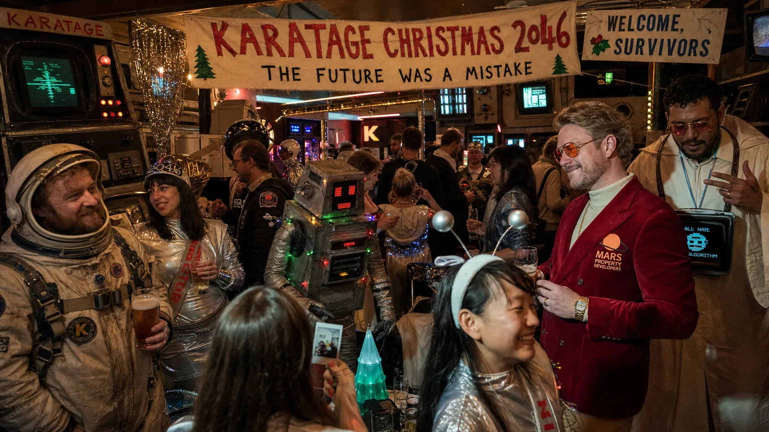 Guests in low-budget future costumes at a party under a hand-painted banner reading Karatage Christmas 2046