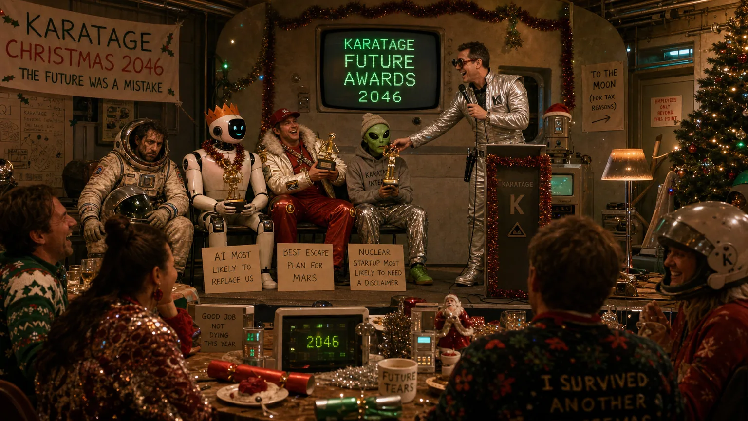 An awards ceremony on a small stage with retro-futurist decorations and absurd trophy categories