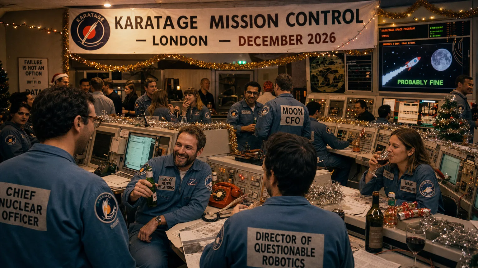 A party styled as a 1970s NASA mission control room with tinsel, role badges and a rocket on screen