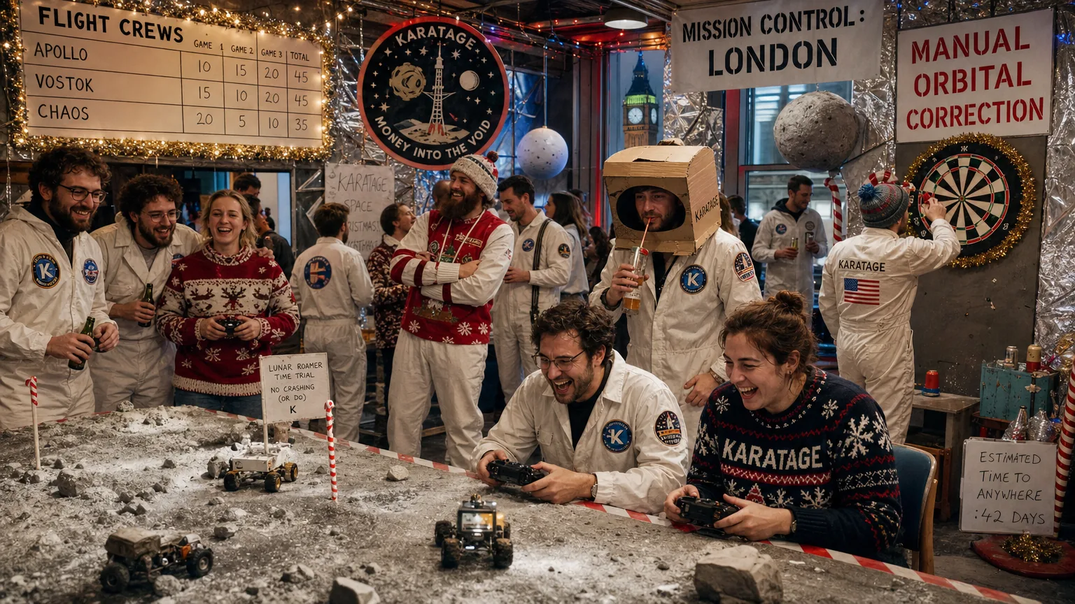 Guests in white jumpsuits racing remote-control lunar rovers and playing games at a space-themed party