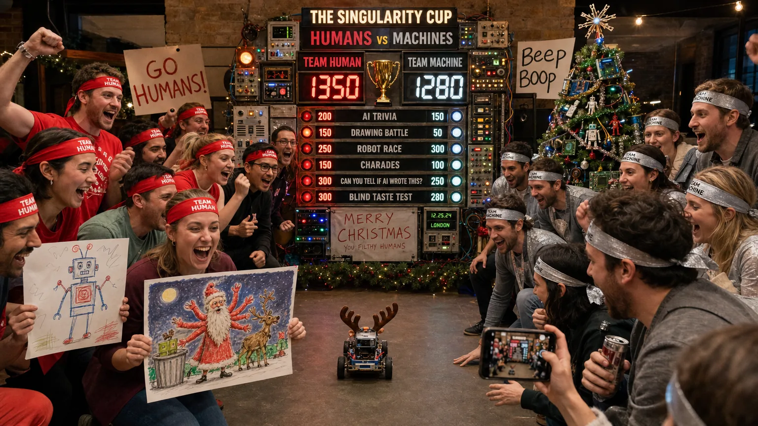 Two teams in red and silver headbands cheering in front of a large homemade scoreboard