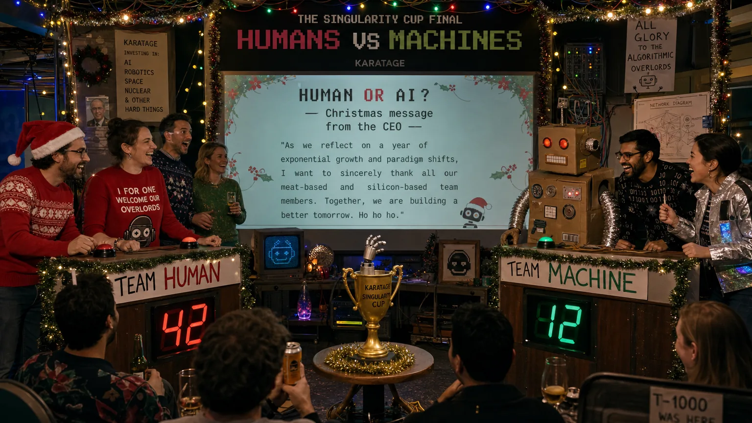 A homemade game-show final with buzzers, a cardboard robot costume and a projected question