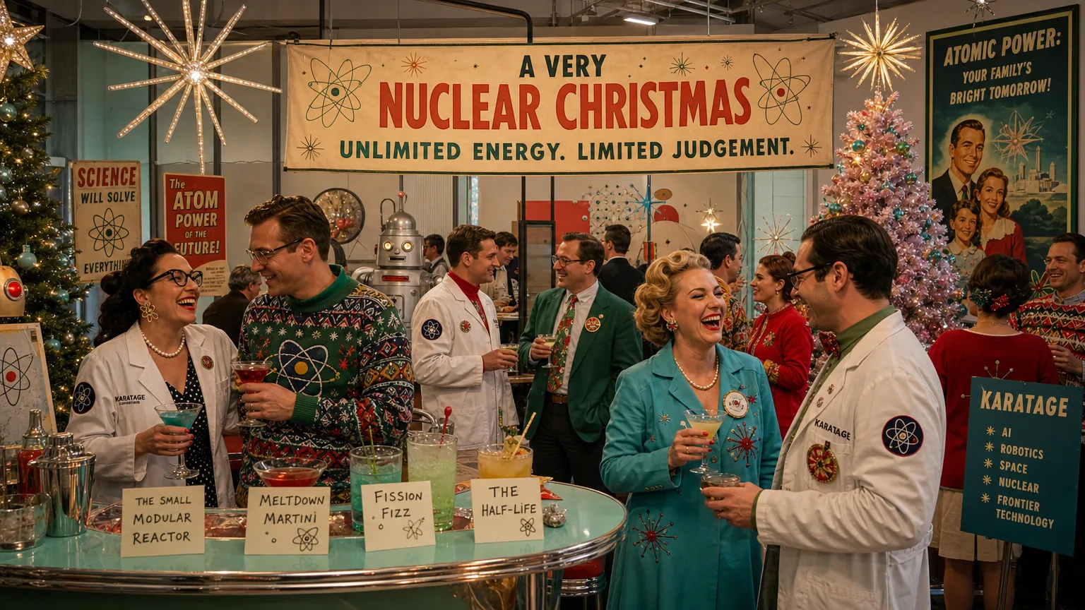 A 1950s atomic-age styled Christmas party with starburst decor, pastel trees and absurd cocktail cards