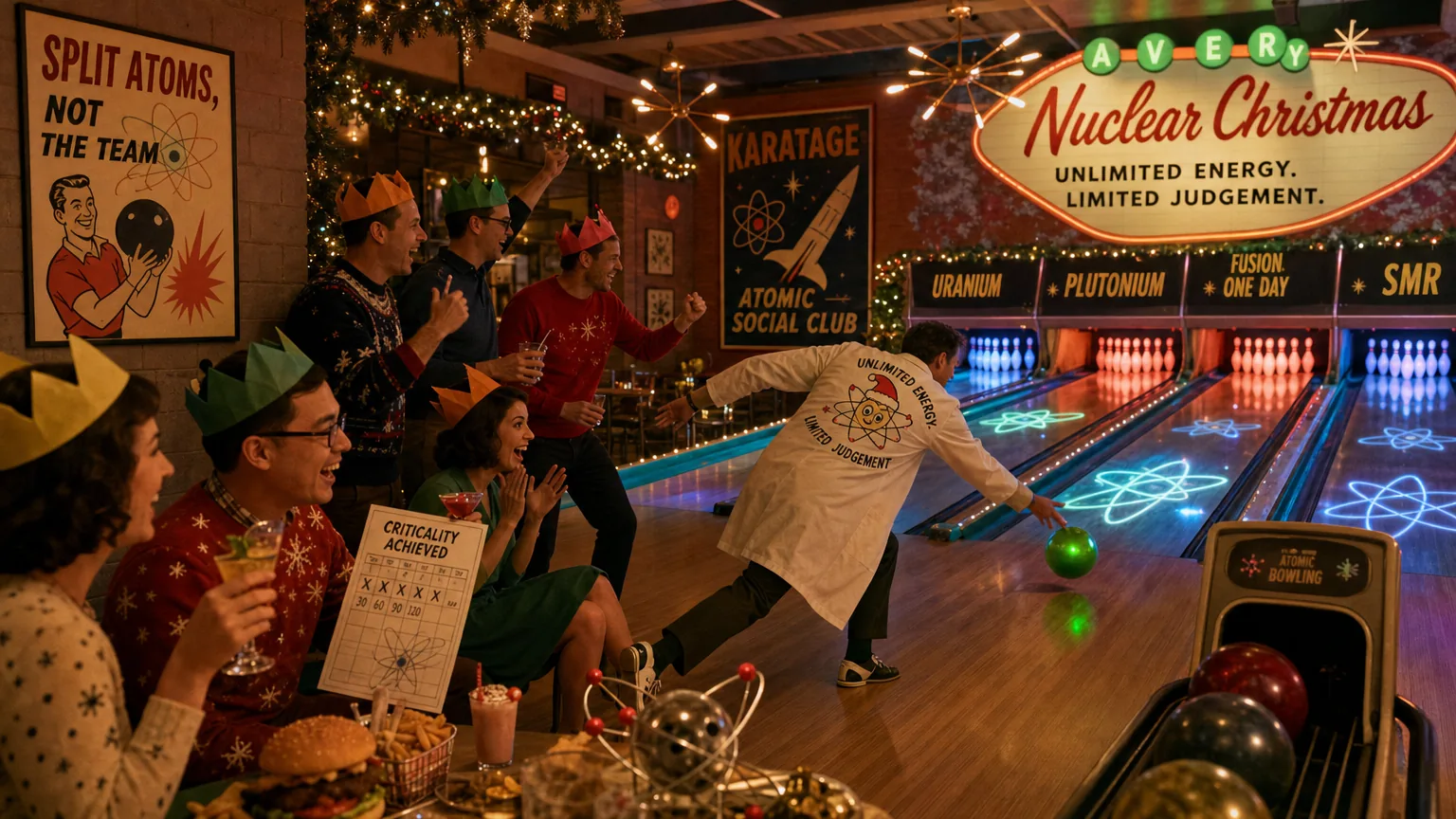 Retro bowling alley with atomic lane graphics, paper crowns and a bowler in a festive lab coat
