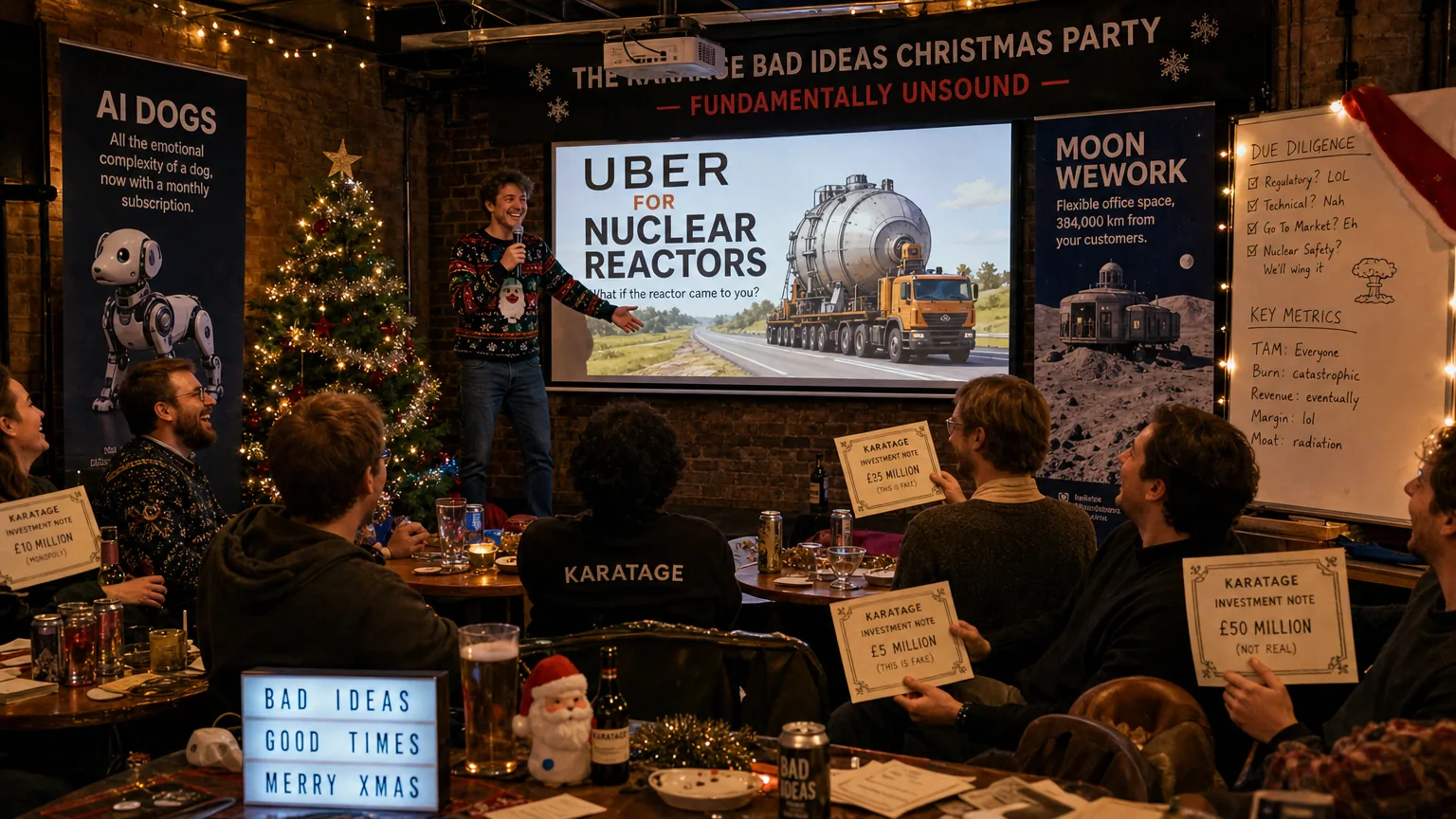 A founder pitching Uber for Nuclear Reactors to a seated room holding fake investment notes