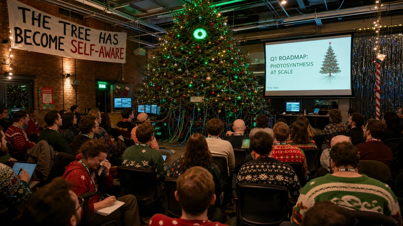 A towering Christmas tree wired into servers with blinking lights, addressed by rows of seated office workers