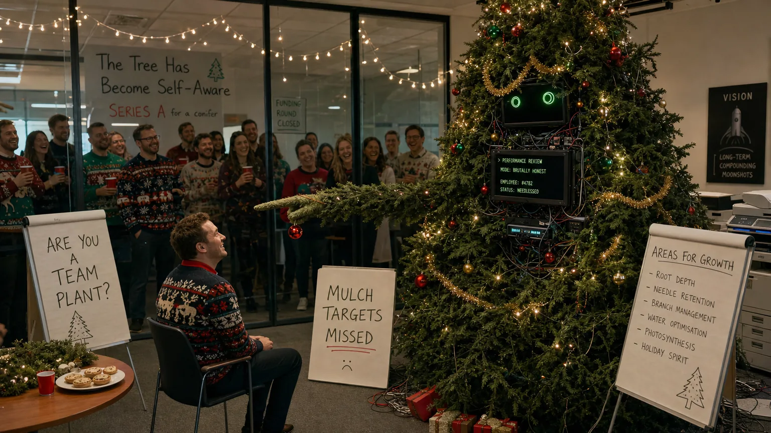 An employee sitting nervously in front of the wired-up Christmas tree during a mock performance review