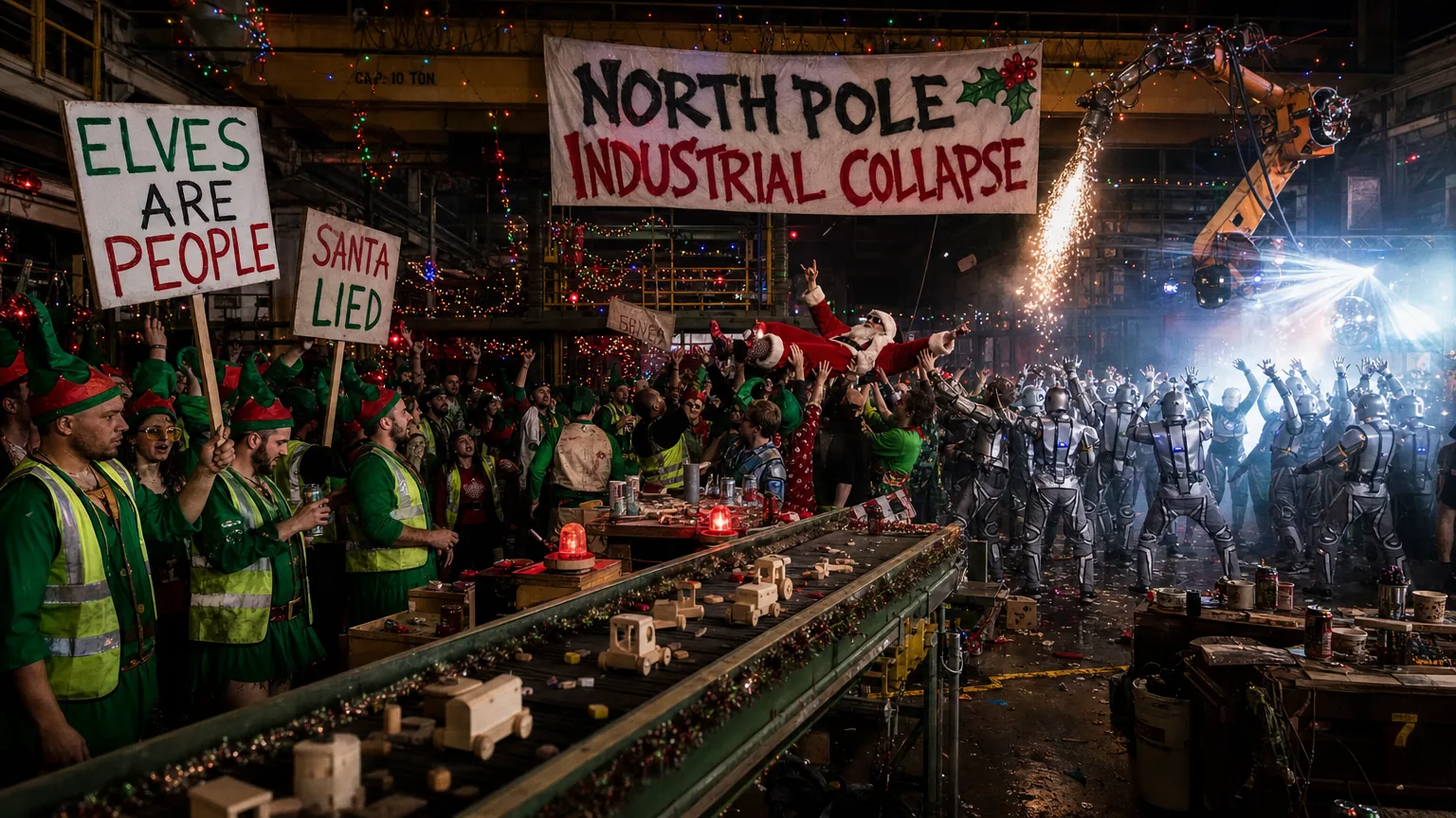 An industrial toy factory turned into a Christmas rave, with elves holding picket signs and robots dancing under strobes