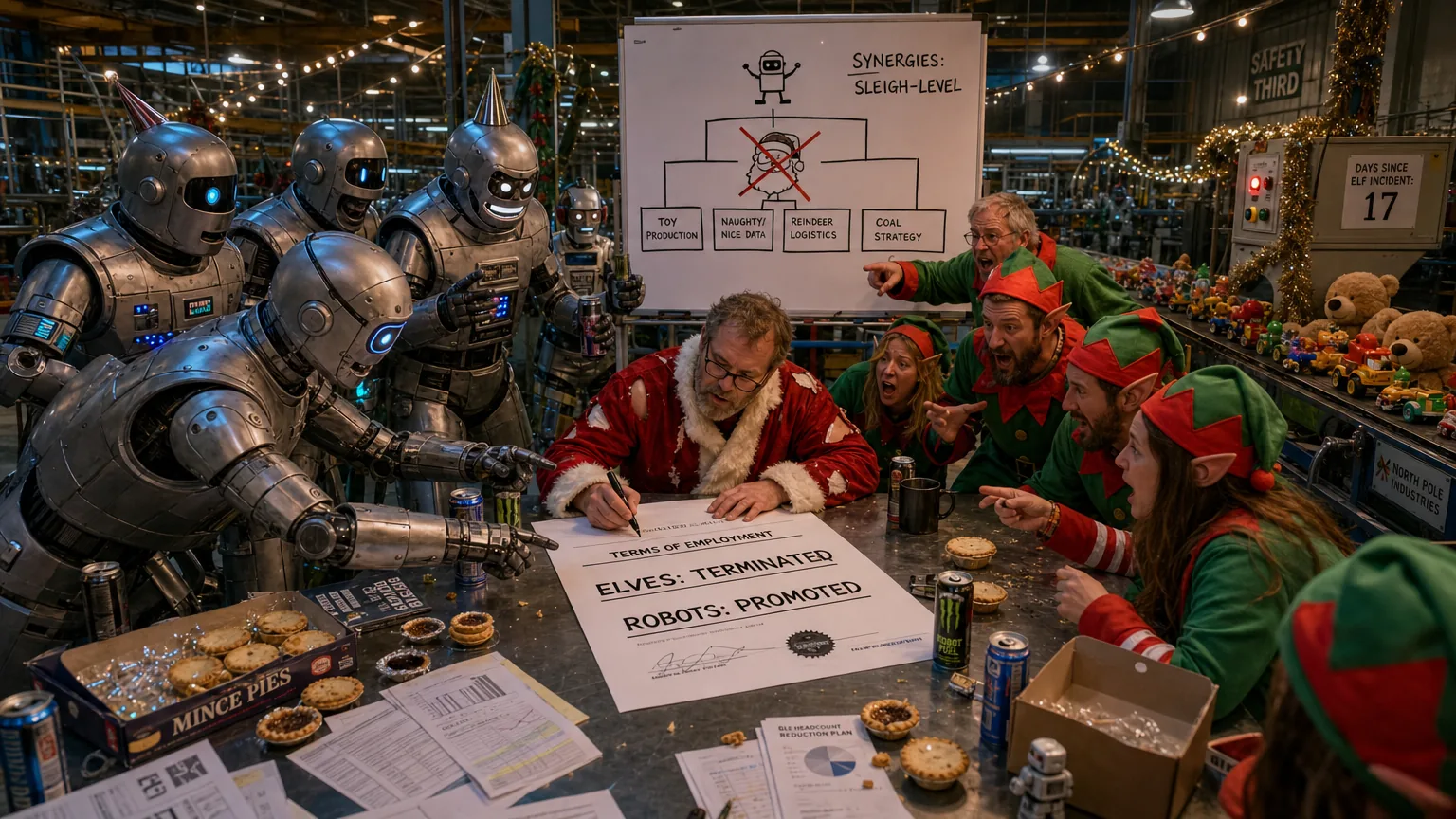 A man in a torn Santa suit signing an oversized document while elves and robots argue across a steel table