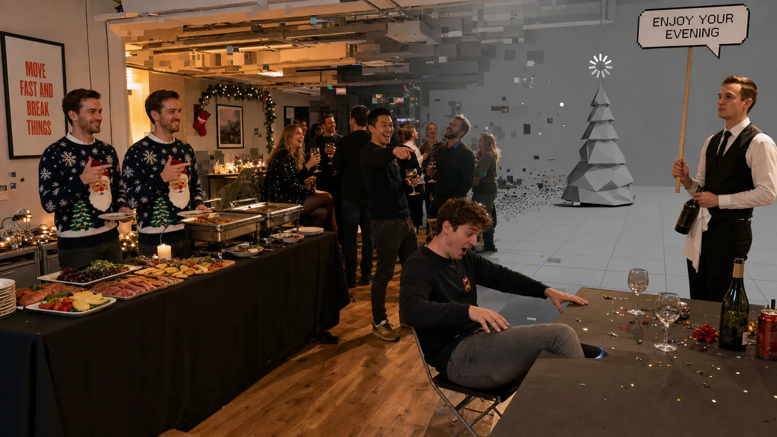 A Christmas party with visible simulation glitches: a guest clipping through a table, duplicate twins, and a half-rendered grey tree