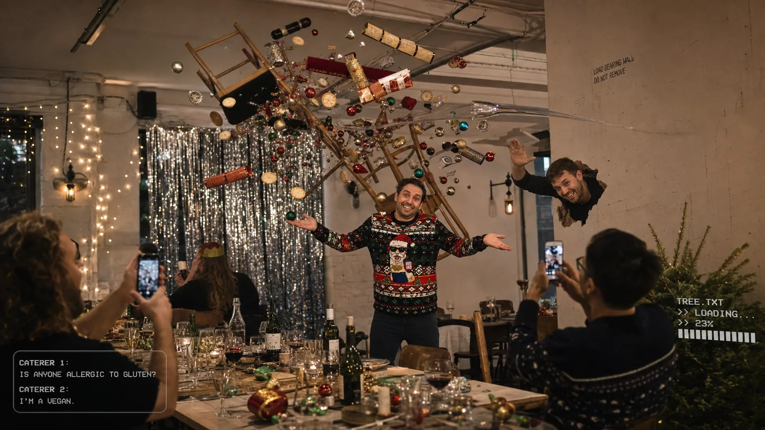 Christmas crackers, baubles and chairs frozen in mid-air above a dinner table while a guest shrugs at the camera